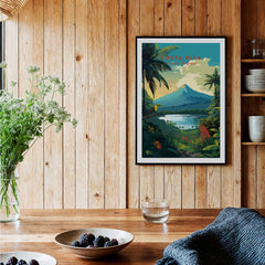 Costa Rica Print featuring Arenal Volcano and tropical landscape in vibrant colors on wooden wall.