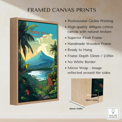 Framed canvas print featuring vibrant Costa Rica Print with Arenal Volcano and tropical landscapes, ready to hang.