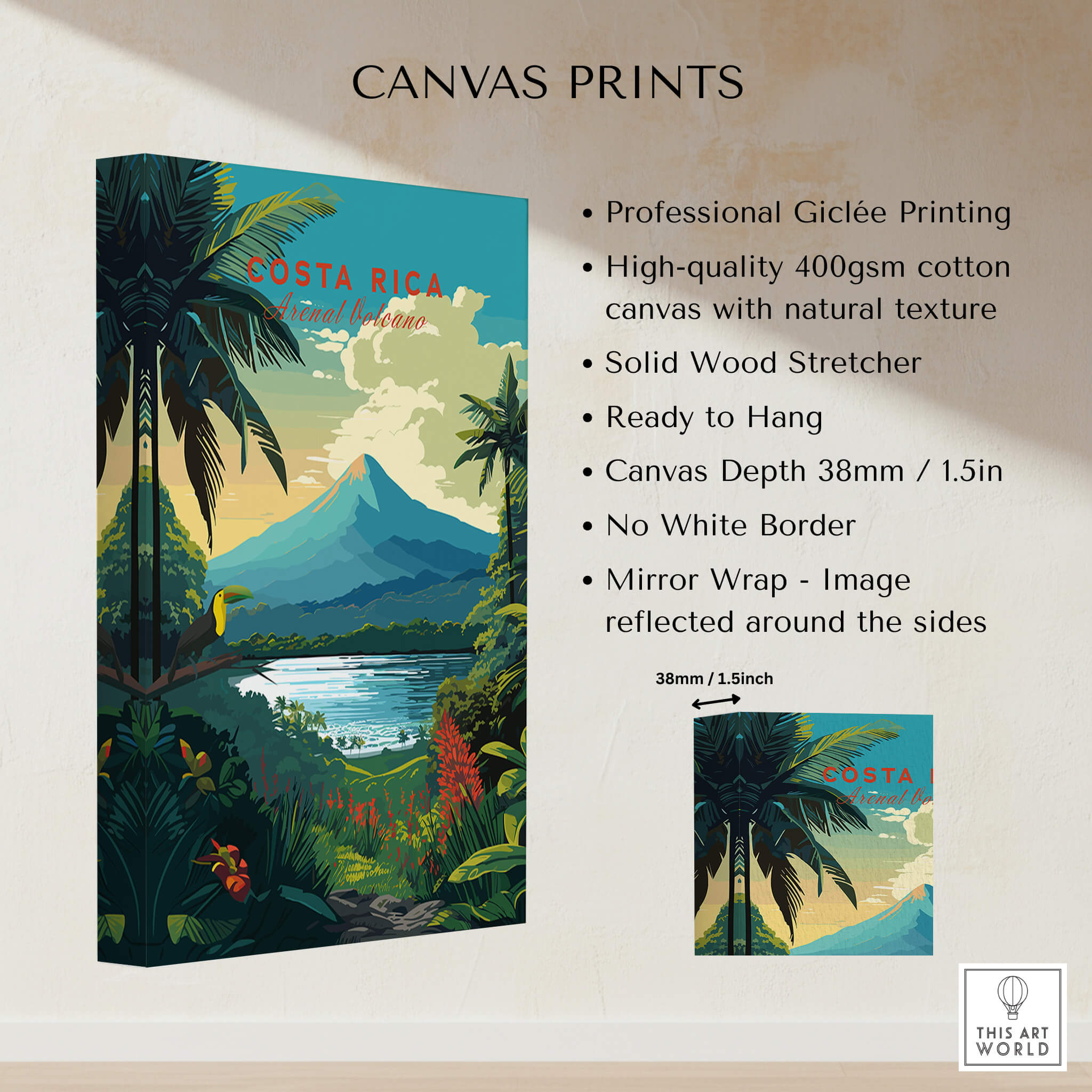 Costa Rica Print on high-quality canvas featuring Arenal Volcano and tropical landscapes.
