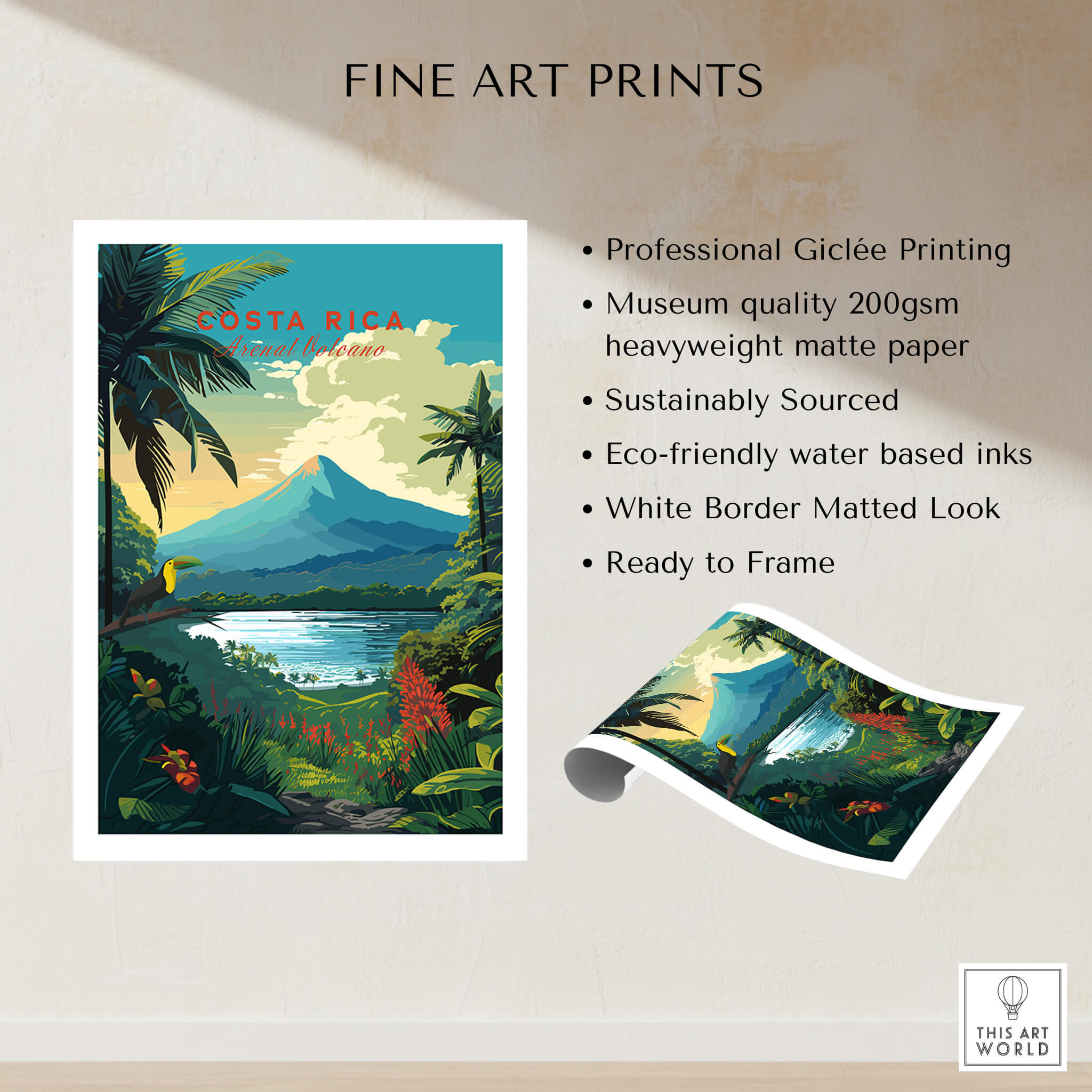Costa Rica Print featuring Arenal Volcano and tropical landscapes in vibrant colors, ideal for home decor.