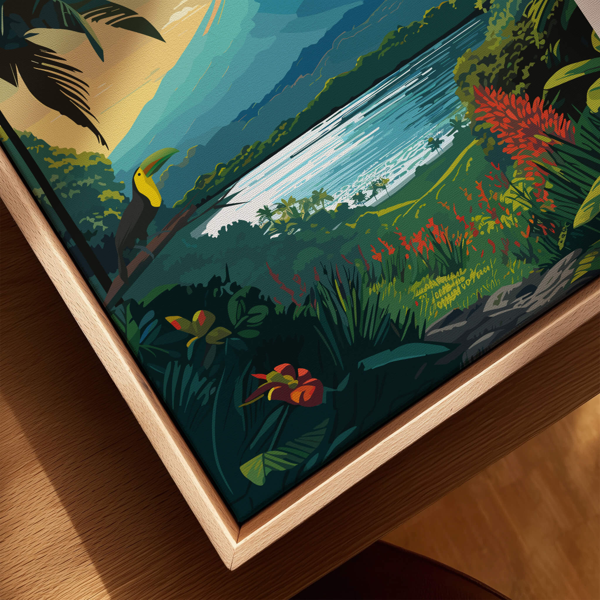 Costa Rica Print featuring vibrant tropical landscape with Arenal Volcano and a toucan, perfect wall art for home decor.