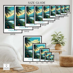 Costa Rica wall art size guide showcasing various print dimensions for modern tropical decor. Ideal for home transformation.