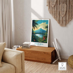 Costa Rica wall art featuring Arenal Volcano and tropical landscapes in a modern home setting.