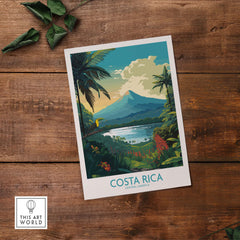 Costa Rica wall art print featuring Arenal Volcano and lush tropical landscapes on wooden background.