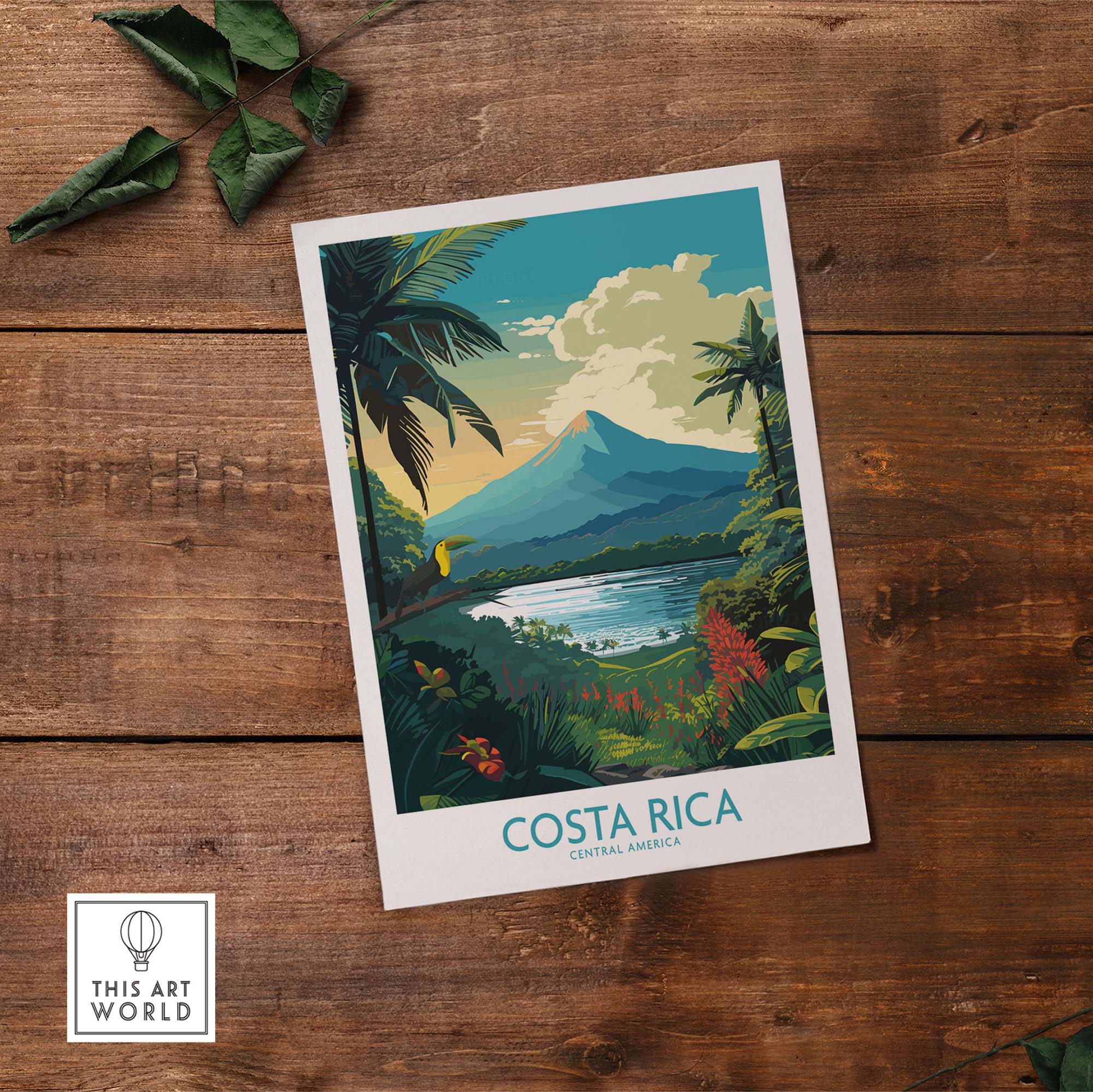 Costa Rica wall art print featuring Arenal Volcano and lush tropical landscapes on wooden background.