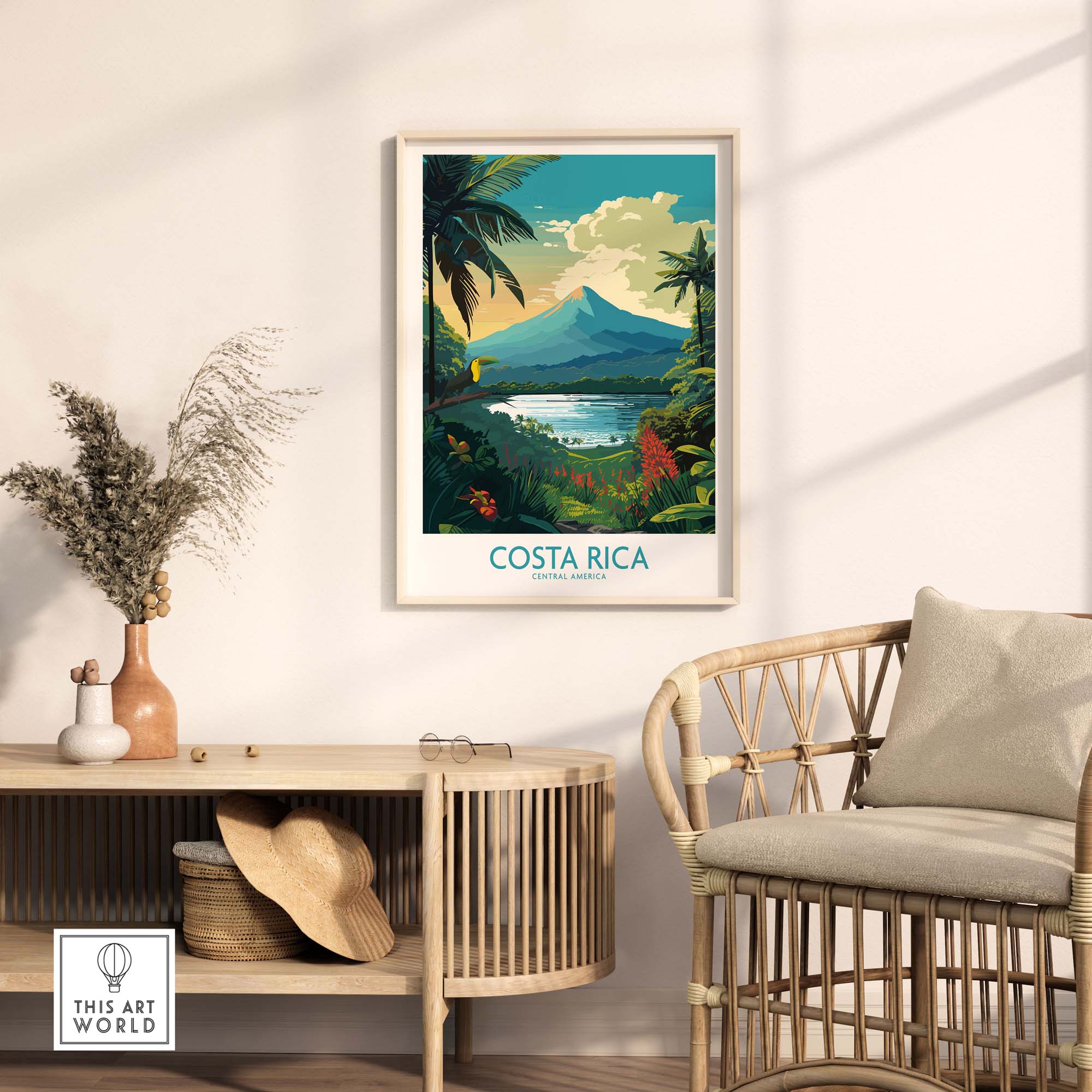 Costa Rica wall art print featuring Arenal Volcano and tropical landscape in vibrant colors, displayed in a modern home setting.