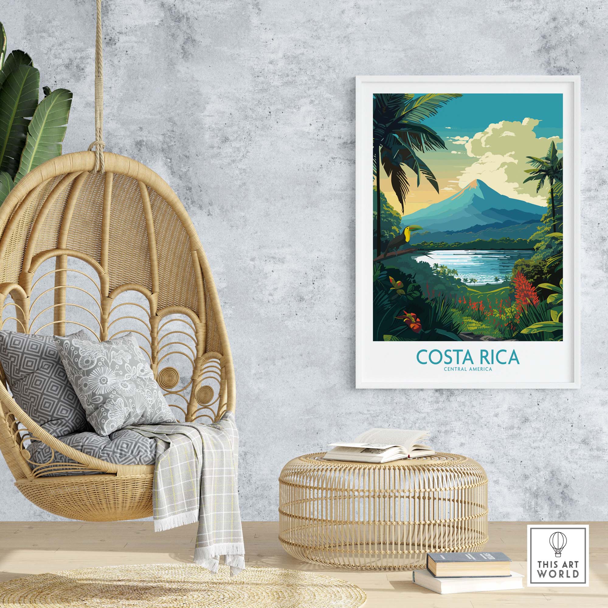 Costa Rica wall art print featuring Arenal Volcano and tropical landscapes in a modern decor setting.