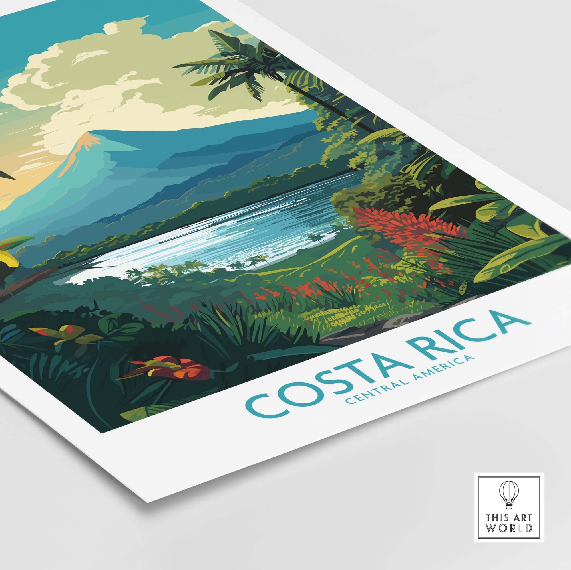 Costa Rica wall art print featuring Arenal Volcano and lush tropical landscapes in vibrant colors. Central America decor.