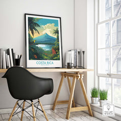 Costa Rica wall art print featuring Arenal Volcano and tropical landscape in a modern home office setting.