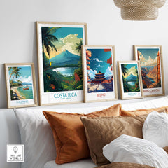 Costa Rica wall art showcasing Arenal Volcano and tropical landscapes, beautifully framed in a modern living space.