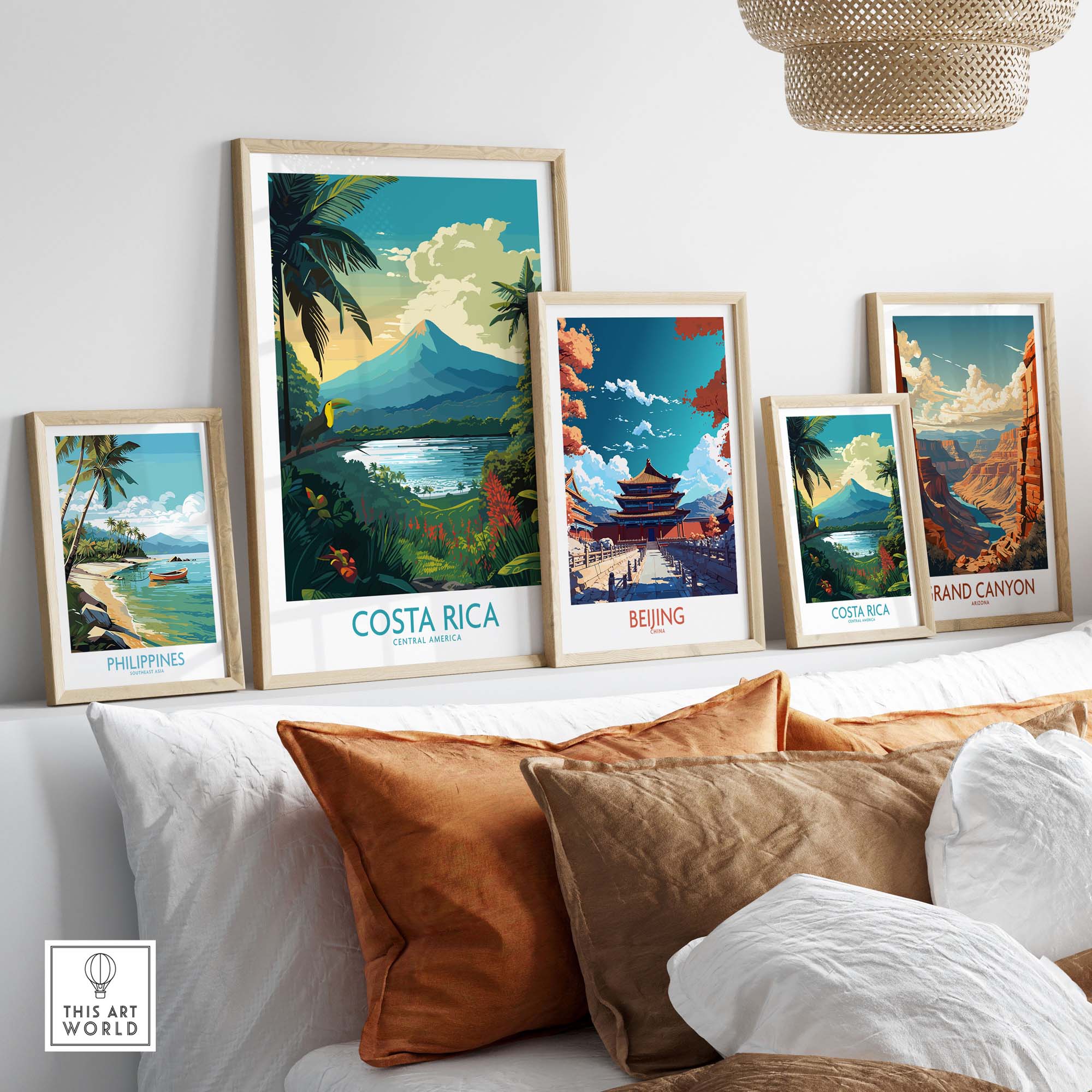 Costa Rica wall art showcasing Arenal Volcano and tropical landscapes, beautifully framed in a modern living space.
