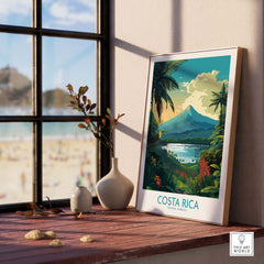 Costa Rica wall art print featuring Arenal Volcano and tropical landscapes, set in a cozy home environment.