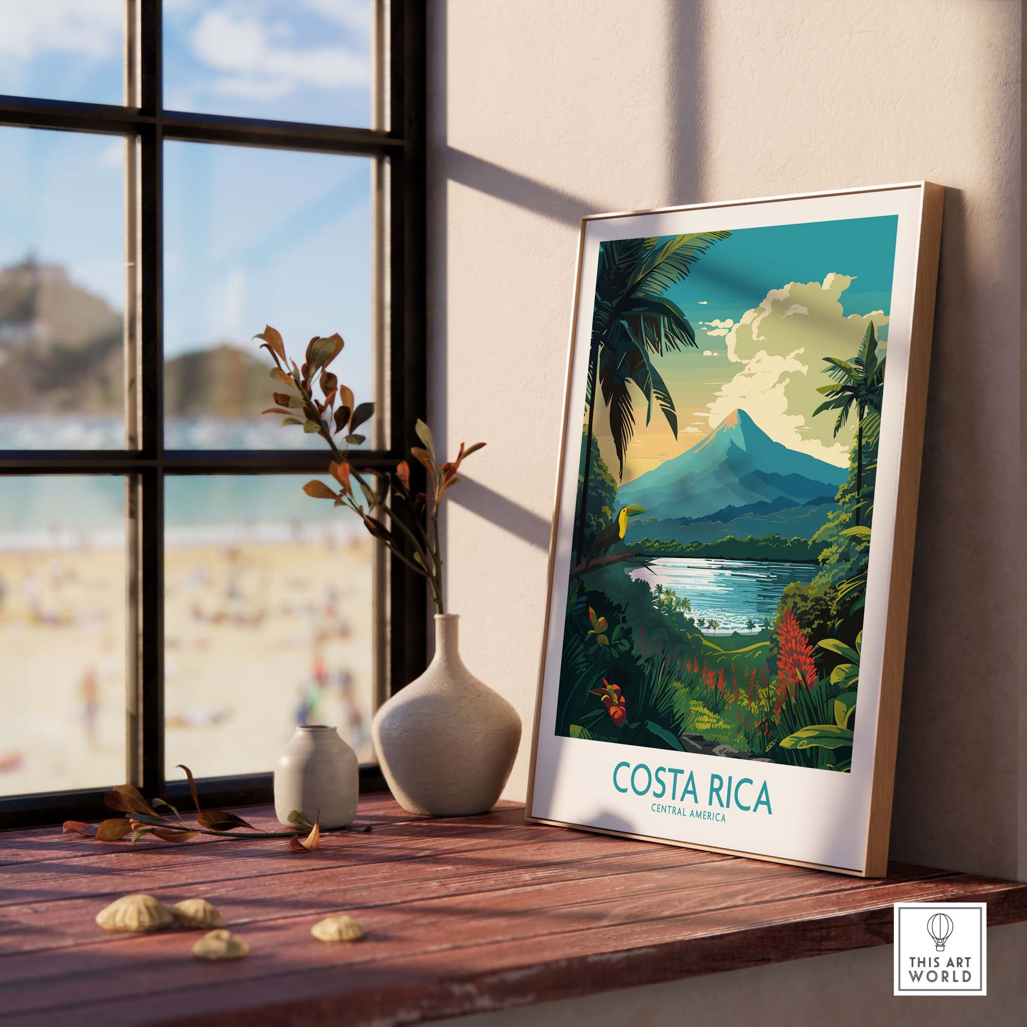 Costa Rica wall art print featuring Arenal Volcano and tropical landscapes, set in a cozy home environment.