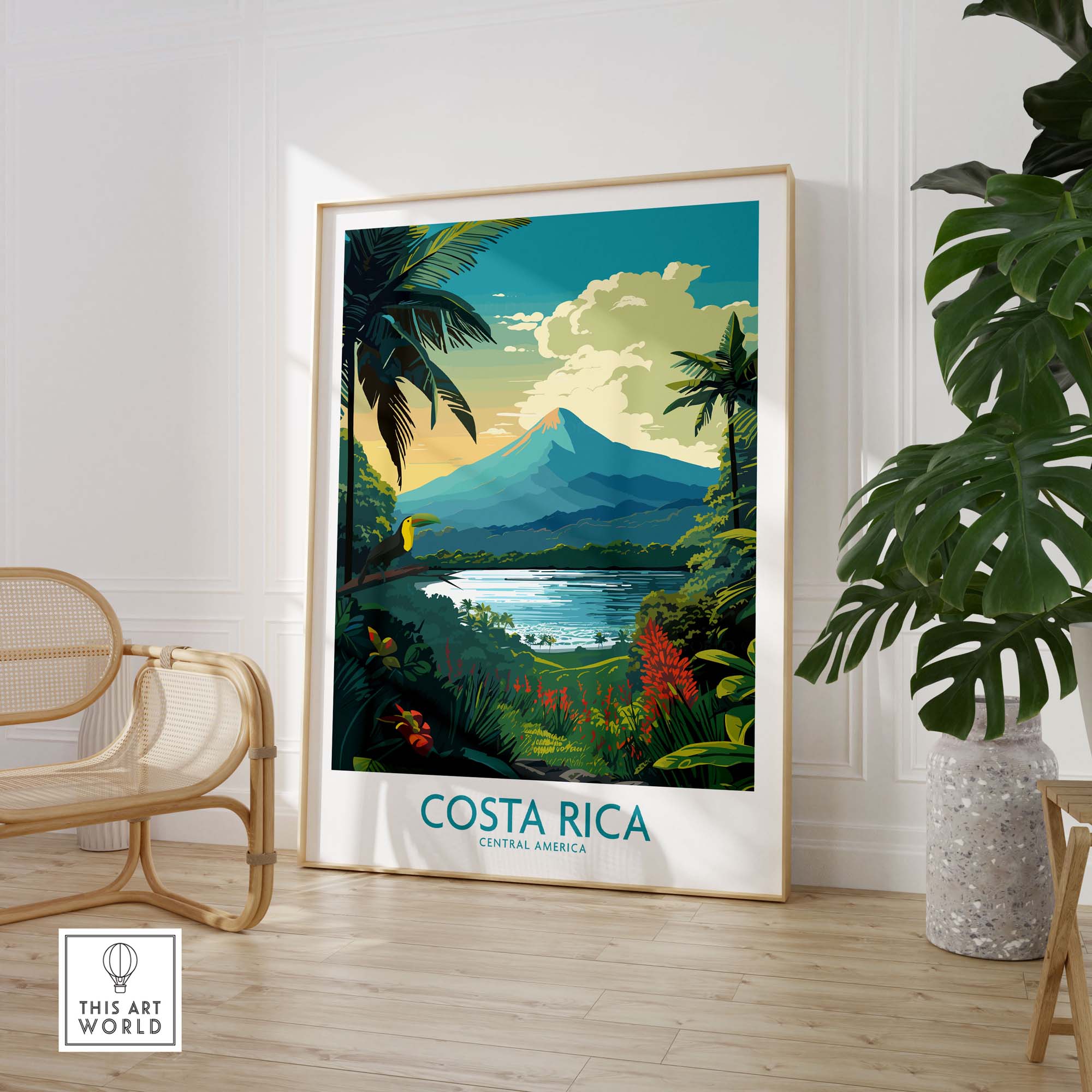 Costa Rica wall art print featuring Arenal Volcano and lush landscapes, adding modern style to any decor.