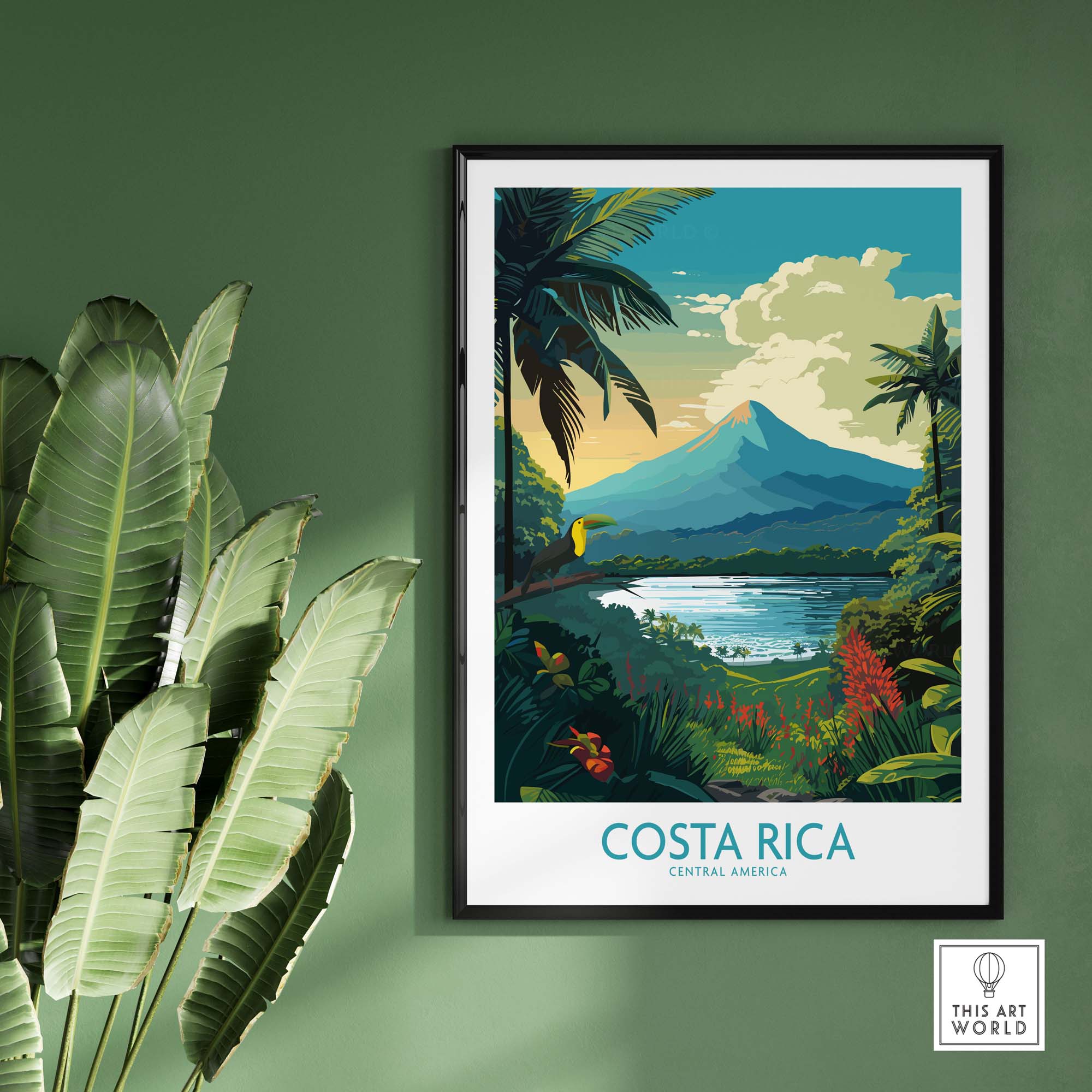 Vibrant Costa Rica wall art print featuring Arenal Volcano and tropical landscapes in a modern frame.