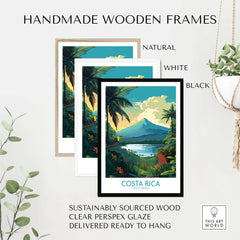 Handmade wooden frames for Costa Rica wall art in natural, white, and black finishes, sustainably sourced wood ready to hang.