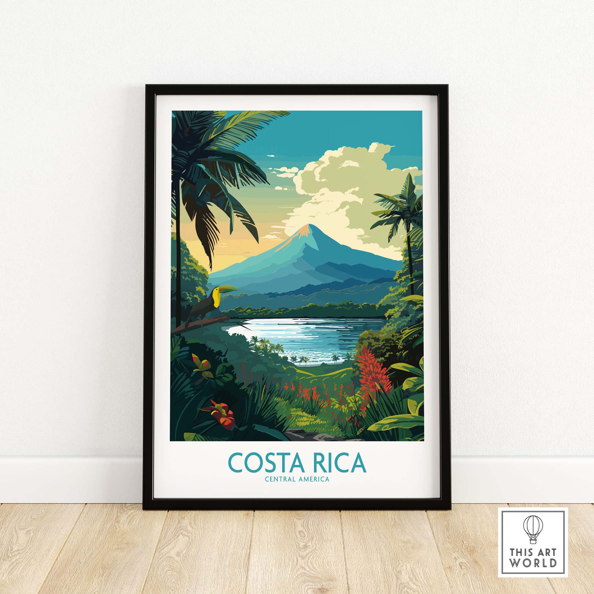 Vibrant Costa Rica wall art featuring Arenal Volcano and tropical scenery, perfect for home decor in Central America style.