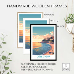 Handmade wooden frames in natural, white, and black for Côte d'Azur wall art, crafted from sustainably sourced wood.
