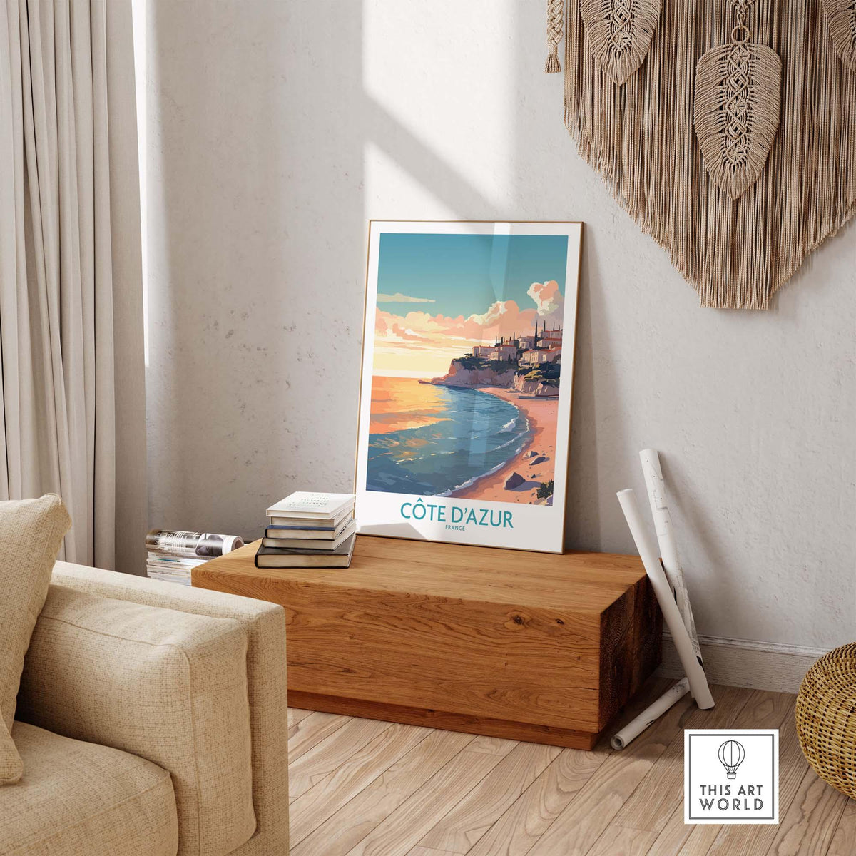 Côte d'Azur wall art print in modern decor, capturing vibrant French coast scenery.