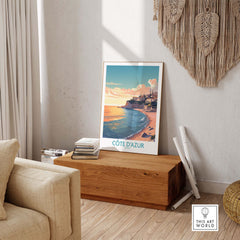 Côte d'Azur wall art print in modern decor, capturing vibrant French coast scenery.