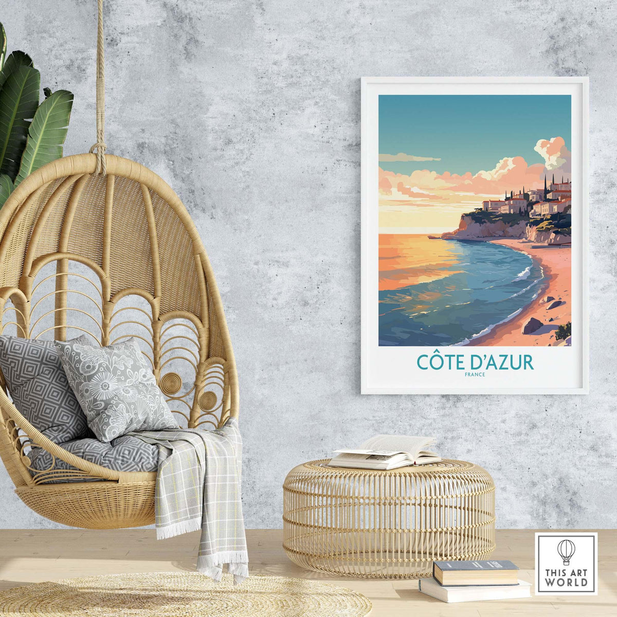 Côte d'Azur wall art print in a cozy setting, showcasing vibrant coastal view and modern style decor.