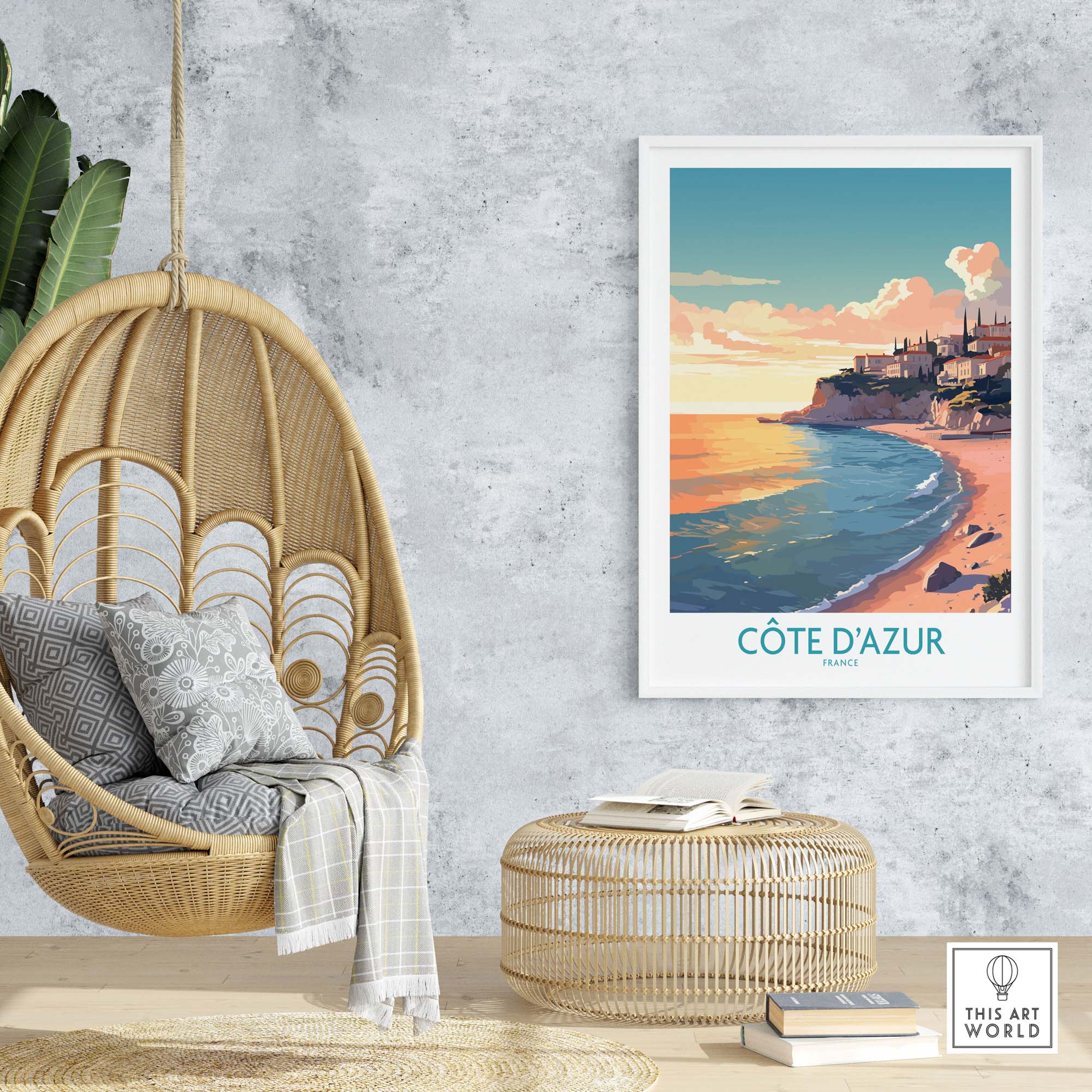 Côte d'Azur wall art print in a cozy setting, showcasing vibrant coastal view and modern style decor.