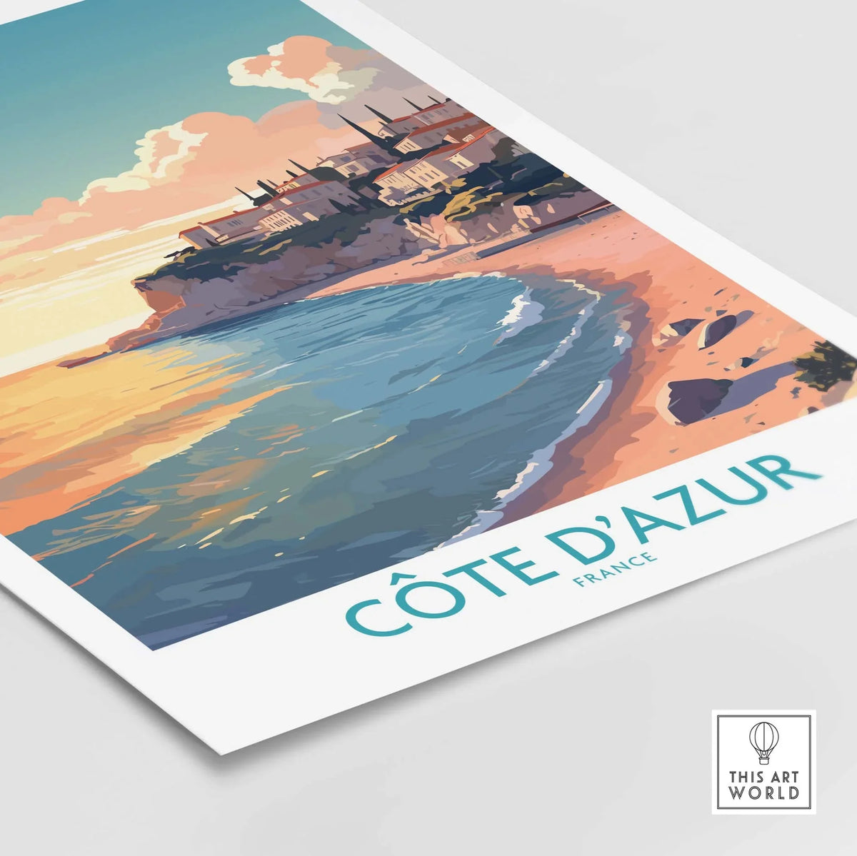 Côte d'Azur Wall Art print featuring vibrant coastal scene with beach and sunset, ideal for travel lovers and home decor.