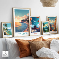 Vibrant Côte d'Azur wall art and travel posters featuring landscapes from the Philippines, Beijing, Costa Rica, and the Grand Canyon.