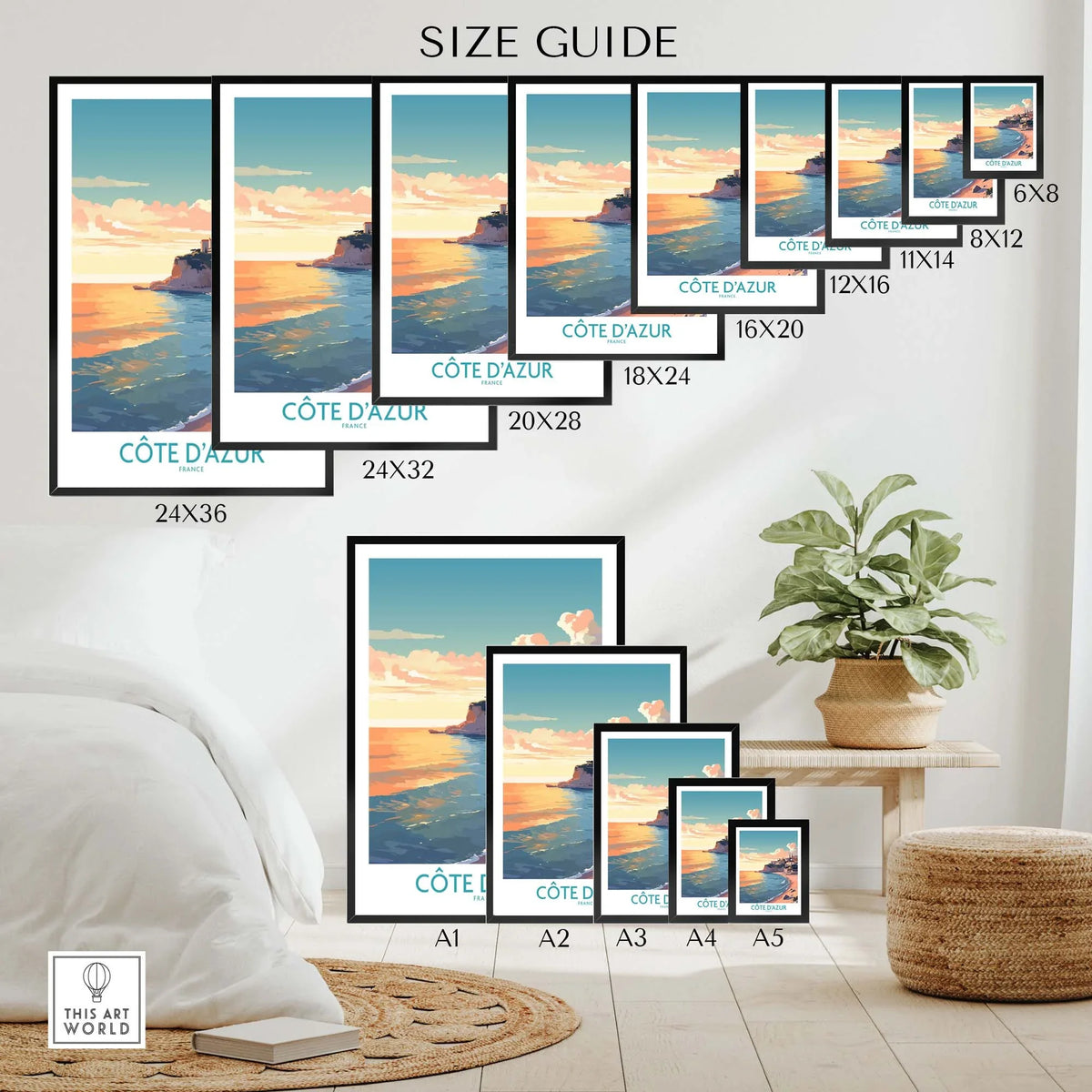 Côte d'Azur wall art size guide showcasing various print sizes in a stylish living room setting.