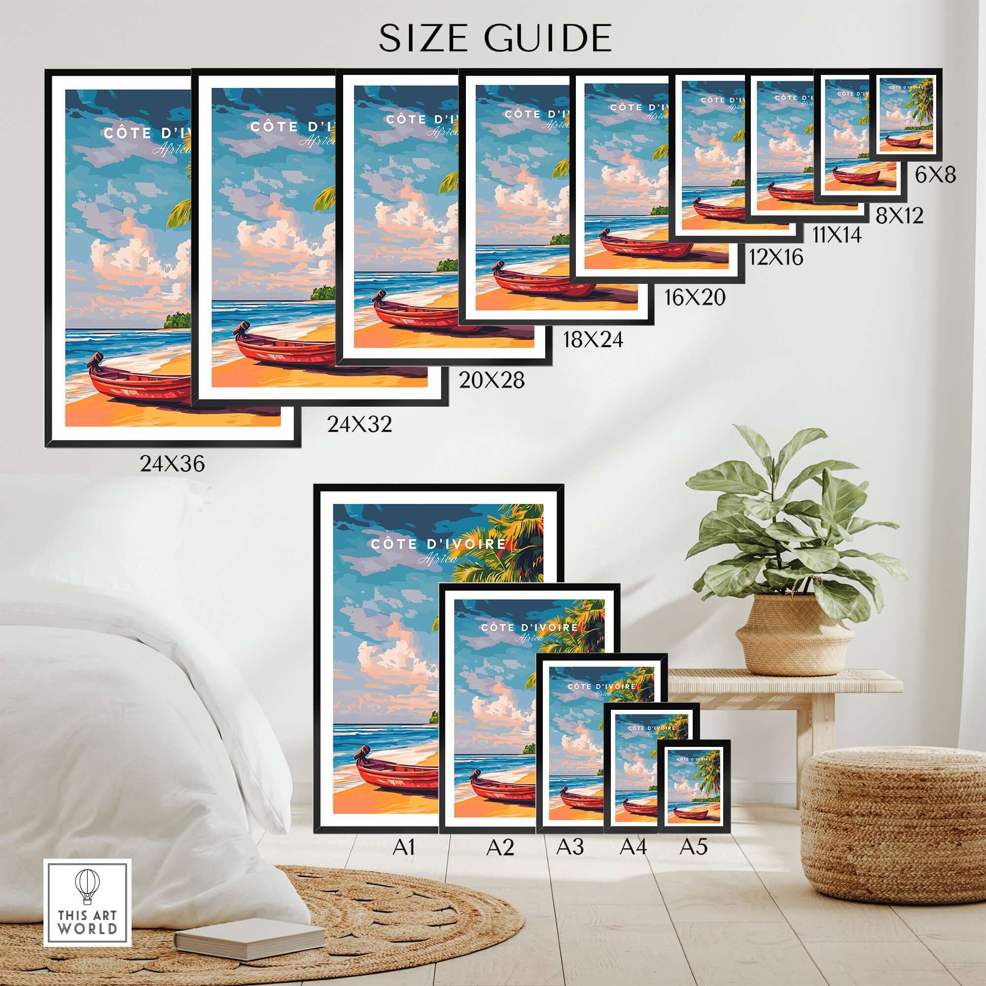 Côte d'Ivoire Beach Poster - African Art Print, Ivory Coast Scenery size guide with frame options and plant decor.