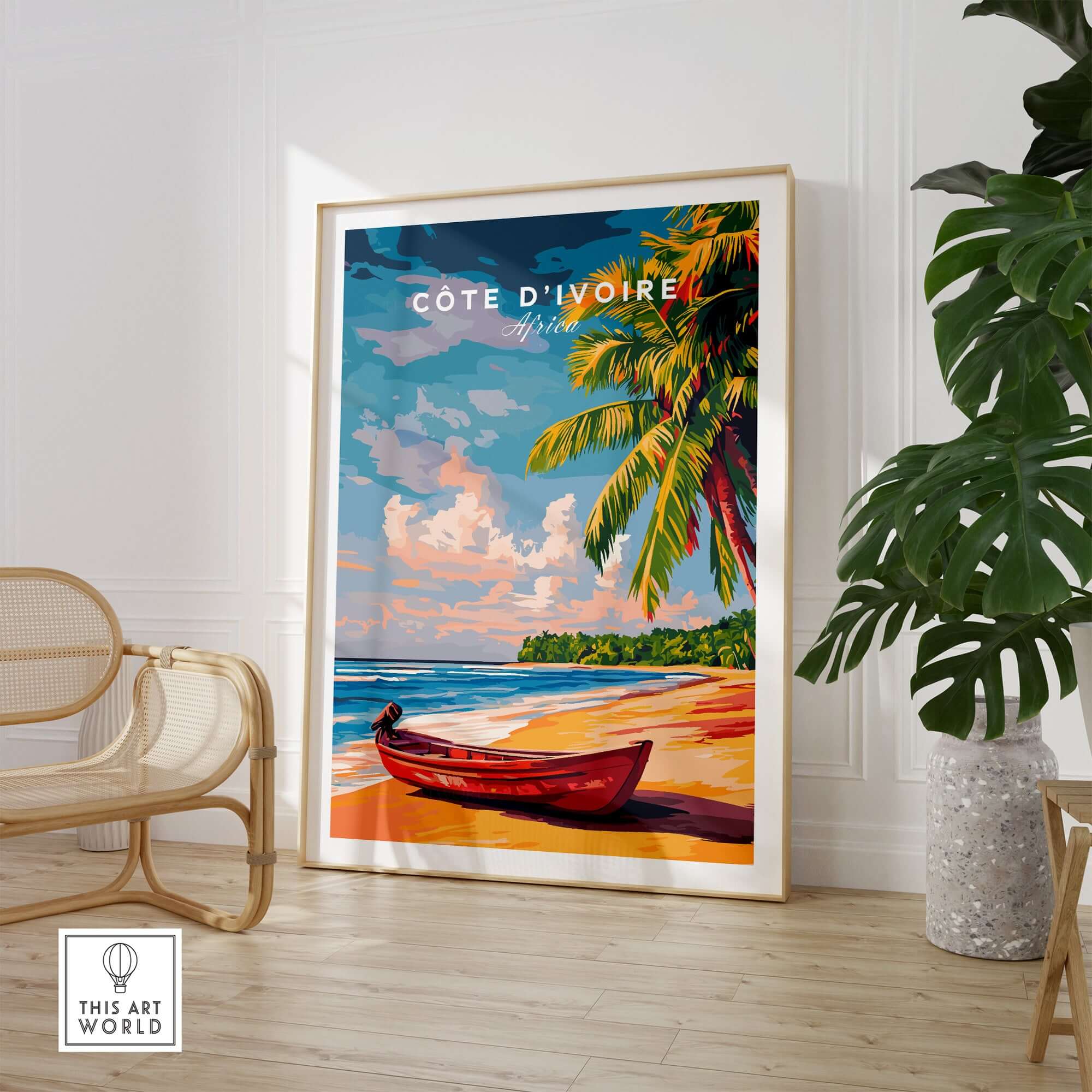 Côte d'Ivoire Beach Poster - African Art Print, Ivory Coast Scenery, showcasing a beach with a boat and palm trees.