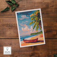Côte d'Ivoire Beach Poster - African Art Print, Ivory Coast Scenery featuring a boat and palm trees on a beach.