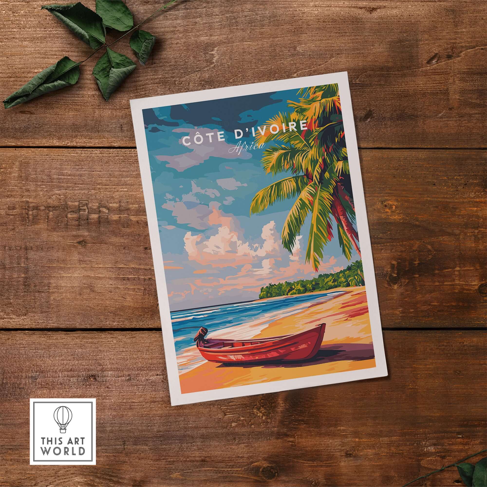 Côte d'Ivoire Beach Poster - African Art Print, Ivory Coast Scenery featuring a boat and palm trees on a beach.