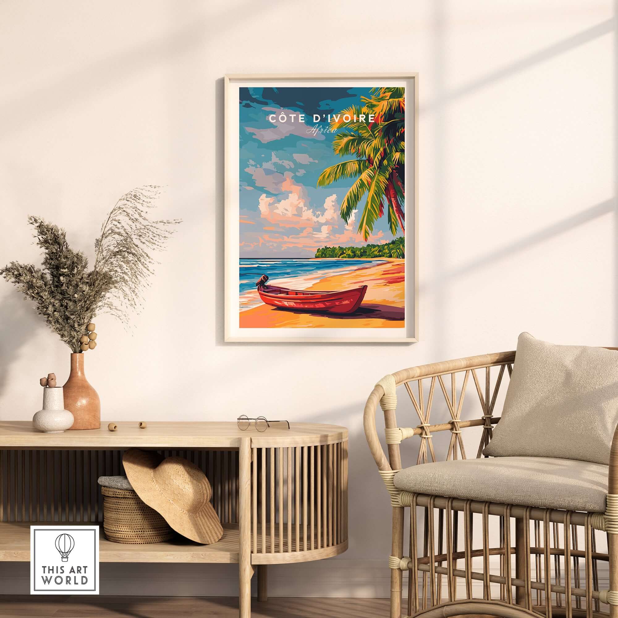 Côte d'Ivoire Beach Poster - African Art Print, Ivory Coast Scenery in a stylish interior setting.