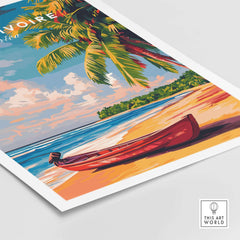 Côte d'Ivoire Beach Poster - African Art Print, Ivory Coast Scenery with a boat and palm trees.