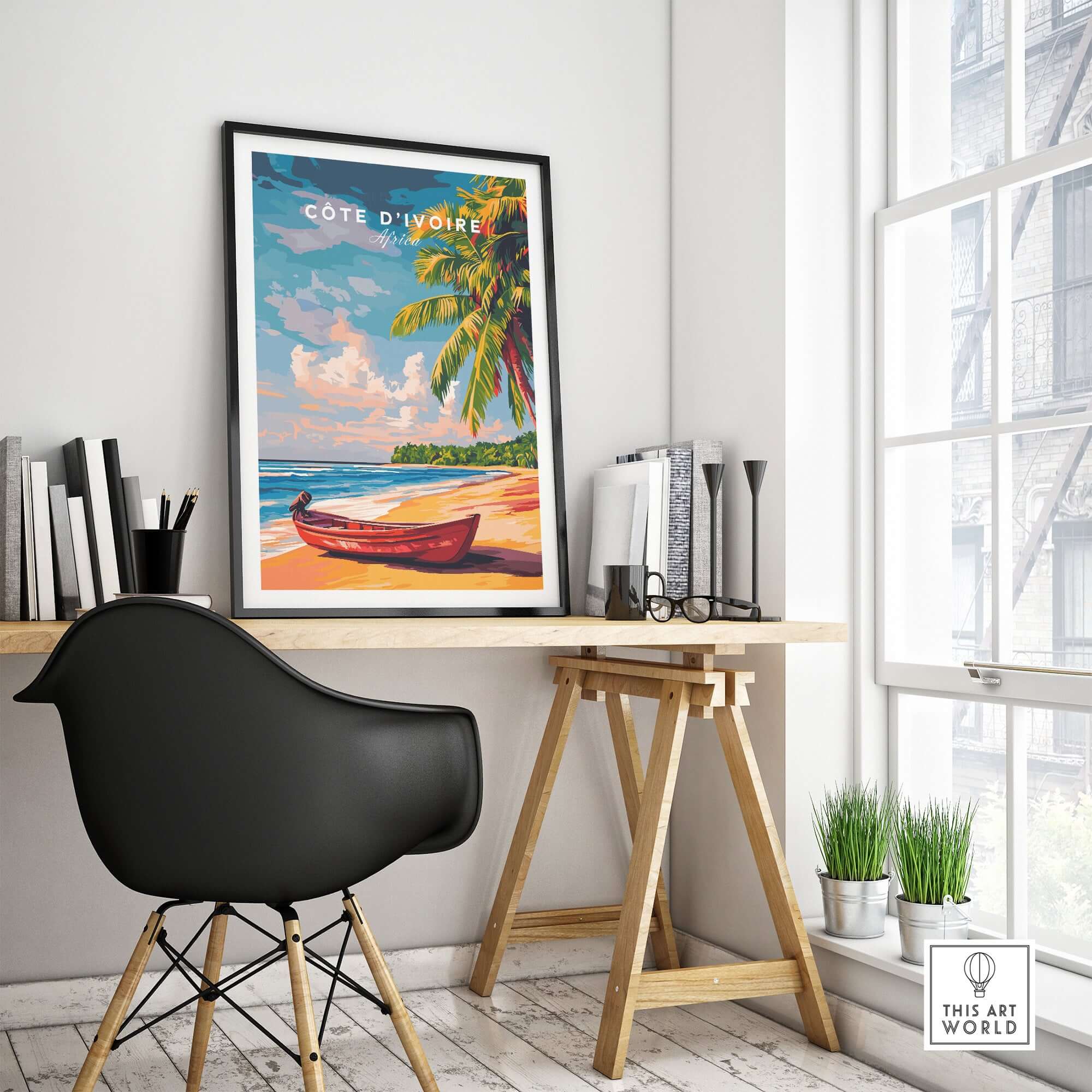 Côte d'Ivoire Beach Poster - African Art Print, Ivory Coast Scenery displayed in a modern workspace.
