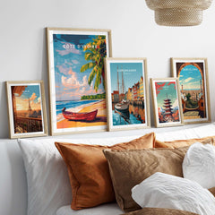Côte d'Ivoire Beach Poster - African Art Print, Ivory Coast Scenery displayed among other art prints on a cozy sofa.
