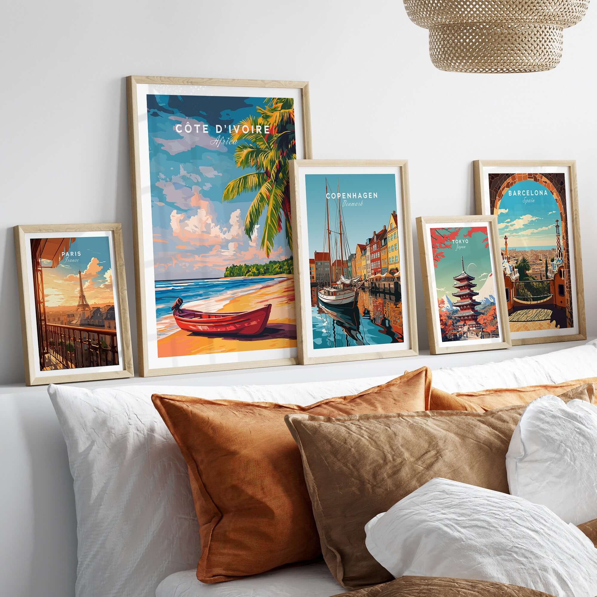 Côte d'Ivoire Beach Poster - African Art Print, Ivory Coast Scenery displayed among other art prints on a cozy sofa.