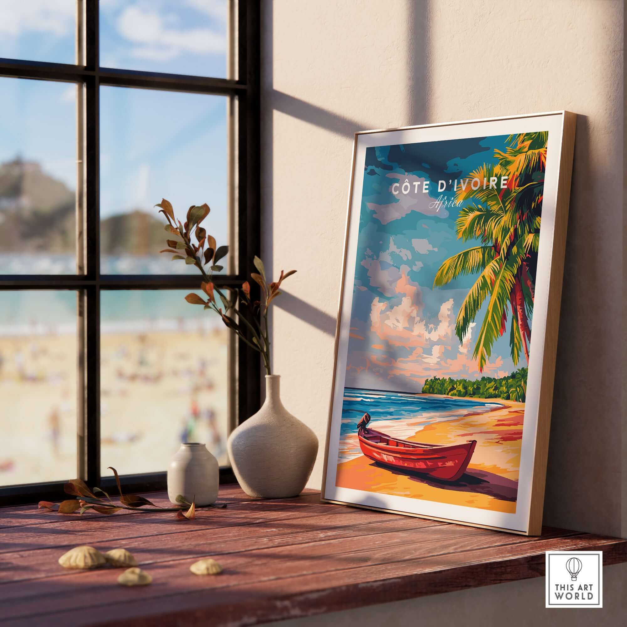 Côte d'Ivoire Beach Poster - African Art Print, Ivory Coast Scenery displayed in a cozy interior with a beautiful beach view.