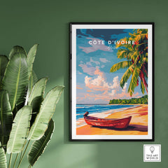 Côte d'Ivoire Beach Poster - African Art Print, Ivory Coast Scenery featuring a vibrant beach and palm trees.