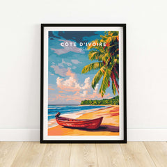 Côte d'Ivoire Beach Poster - African Art Print, Ivory Coast Scenery featuring a boat and palm trees on a beach.