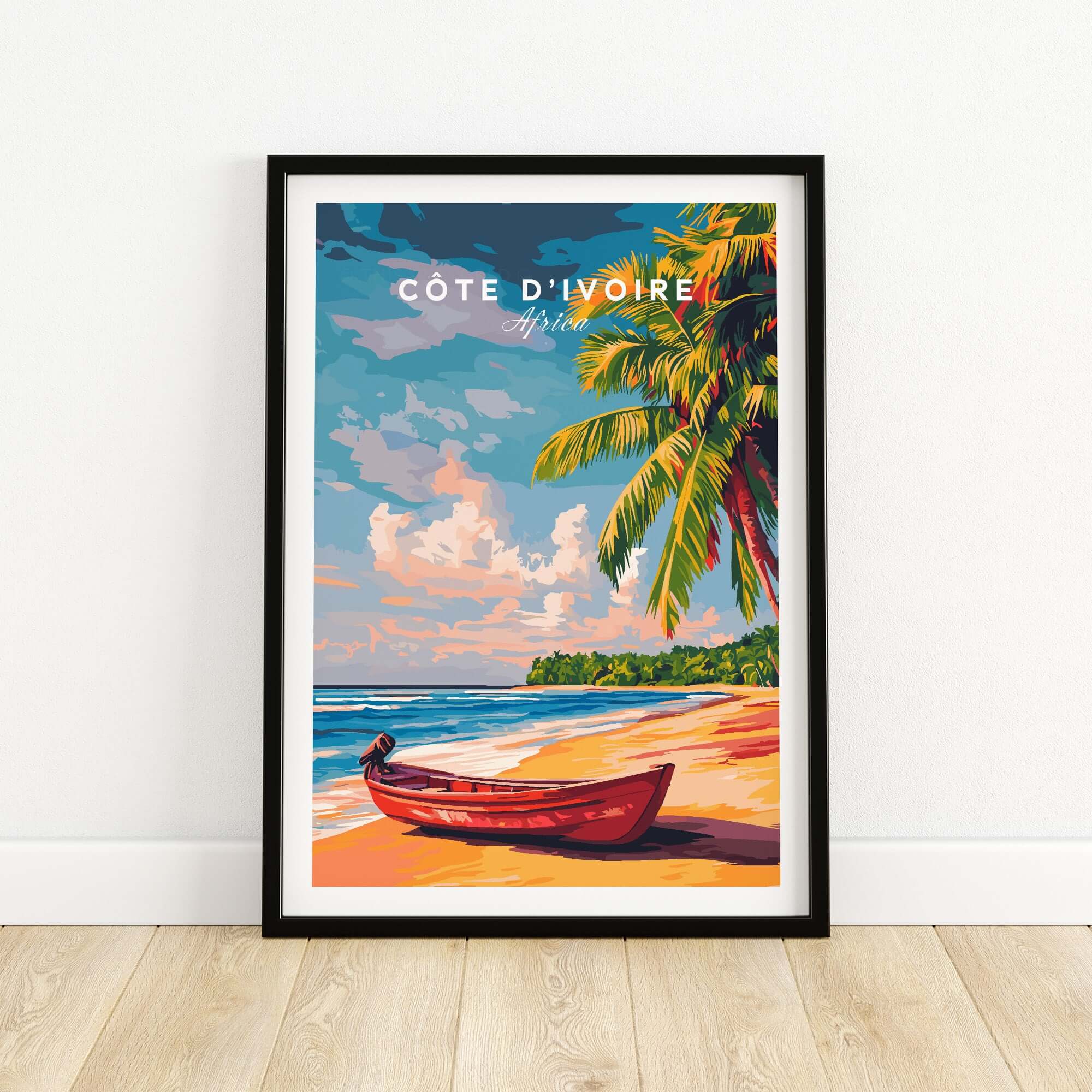 Côte d'Ivoire Beach Poster - African Art Print, Ivory Coast Scenery featuring a boat and palm trees on a beach.