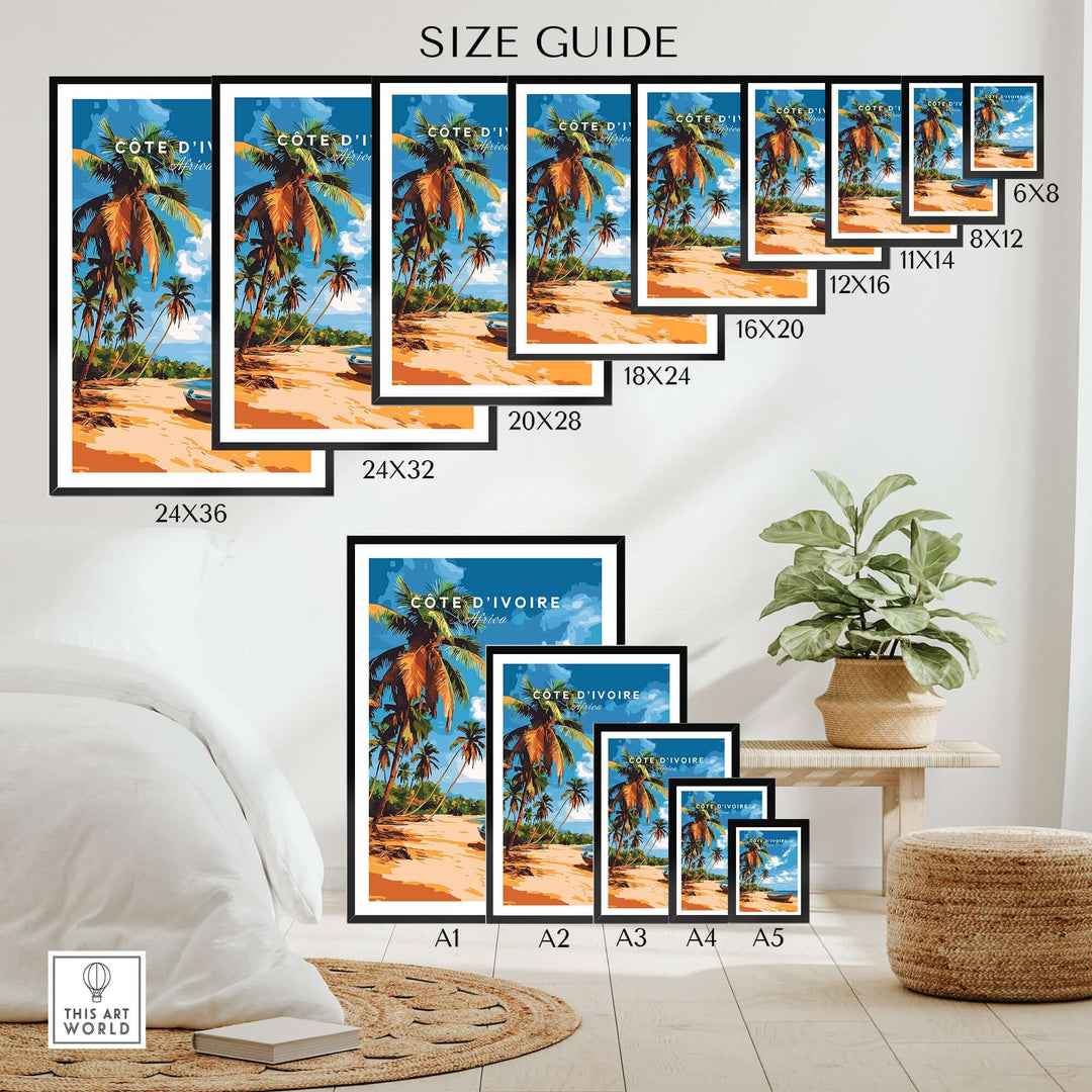 Côte d'Ivoire beach poster size guide with various frame sizes and layout options in a modern room setting.