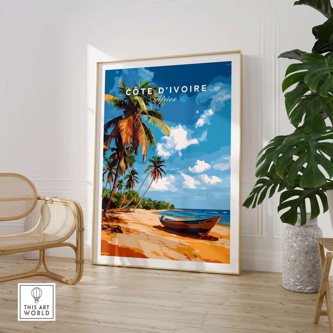 Côte d'Ivoire poster featuring a serene beach scene with palm trees and a boat, vibrant African art print.