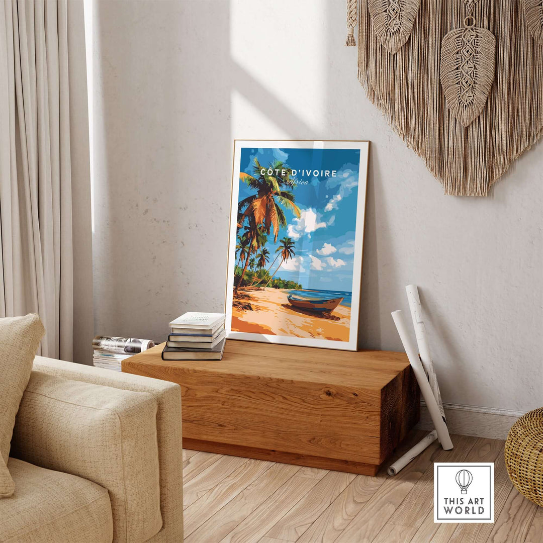 Côte d'Ivoire poster featuring a serene beach scene with vibrant colors, perfect for home decor.