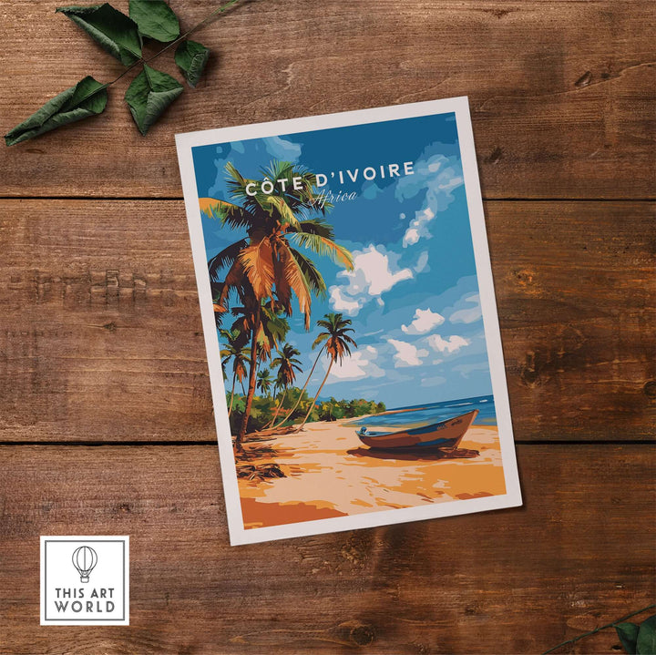 Côte d'Ivoire poster featuring a vibrant beach scene with palm trees and a boat, perfect for home decor.