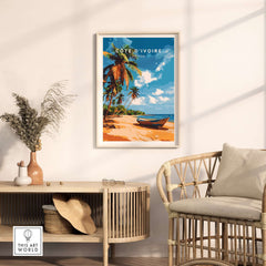Côte d'Ivoire Poster Africa featuring a beach scene with palm trees and a boat in vibrant colors.
