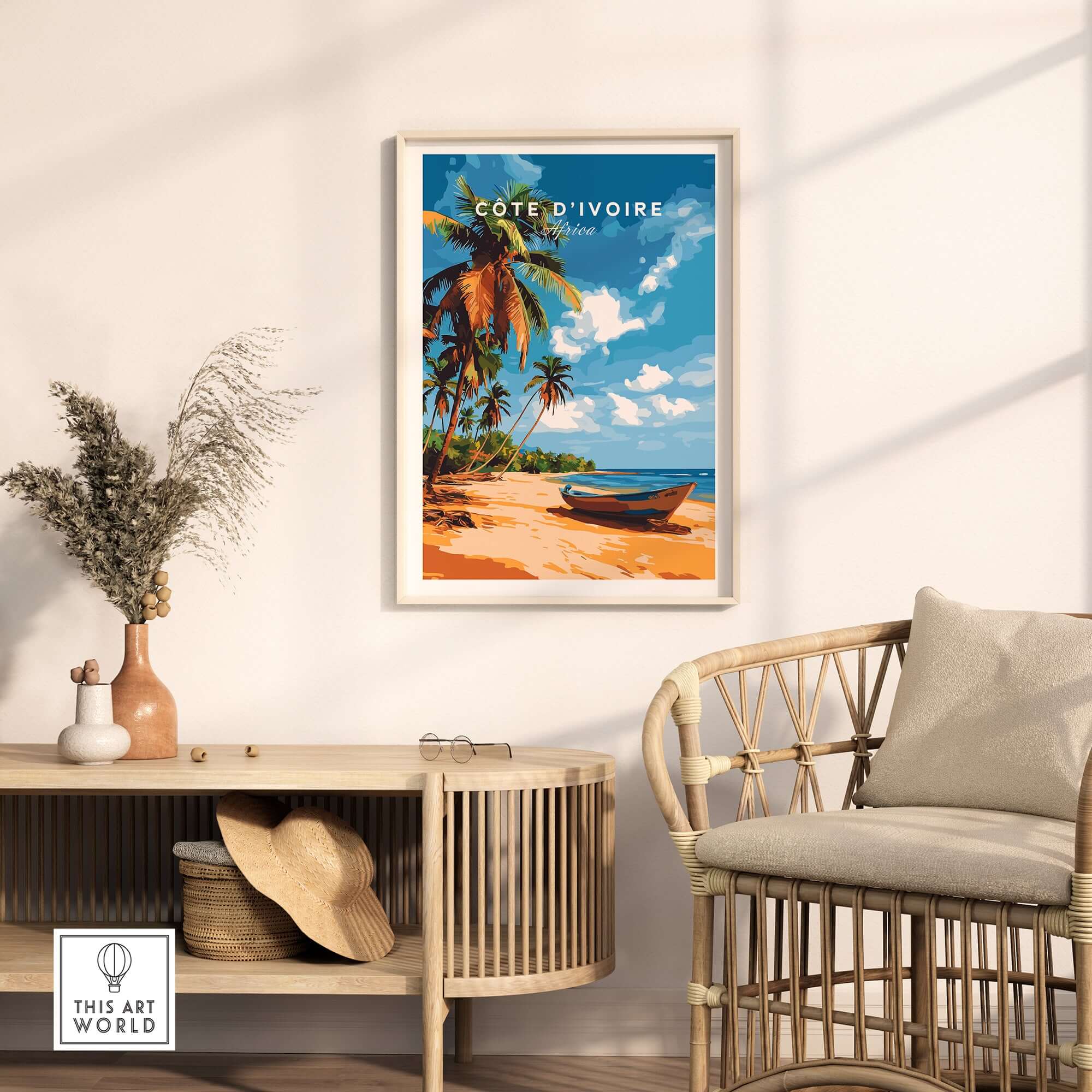 Côte d'Ivoire Poster Africa featuring a beach scene with palm trees and a boat in vibrant colors.