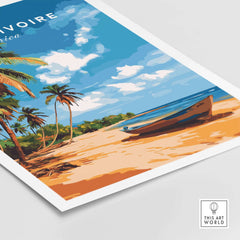Côte d'Ivoire Poster Africa featuring a serene beach scene with vibrant colors and palm trees.