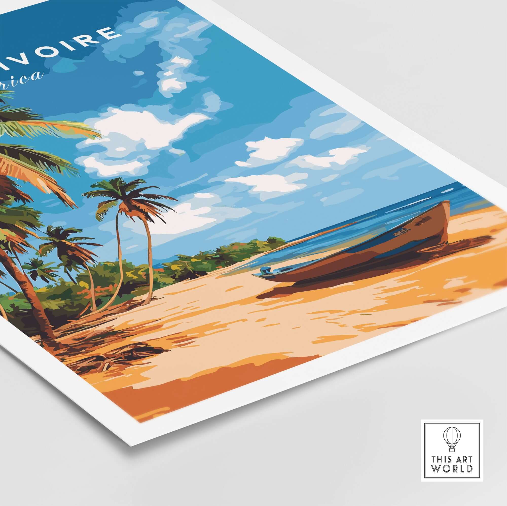 Côte d'Ivoire Poster Africa featuring a serene beach scene with vibrant colors and palm trees.